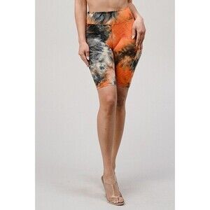 L/XL Tie Dye High Waisted Biker Shorts‎ - 3 Inch Waist Orange/Black